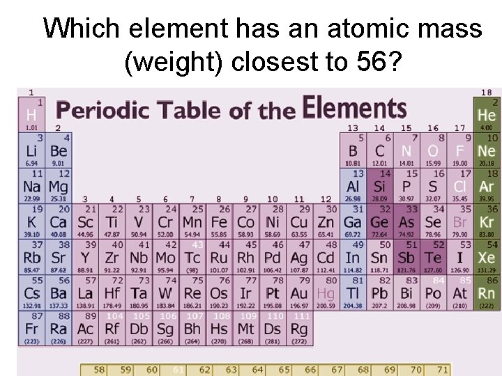 Which element has an atomic mass (weight) closest to 56? 