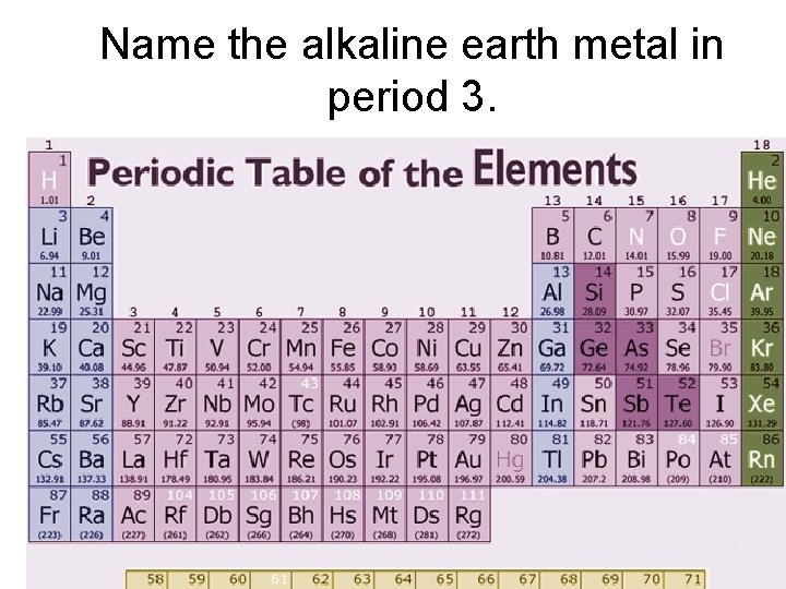 Name the alkaline earth metal in period 3. 