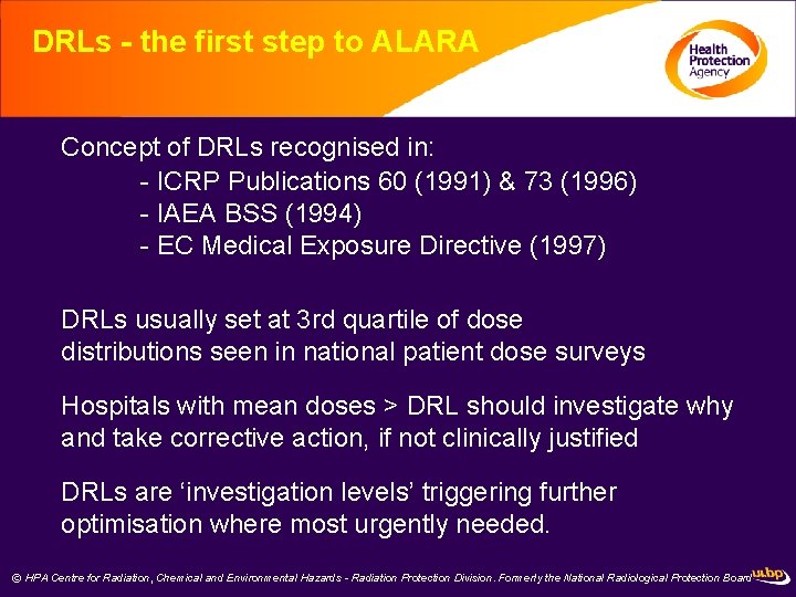 DRLs - the first step to ALARA Concept of DRLs recognised in: - ICRP