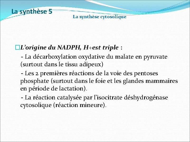 La synthèse 5 La synthèse cytosolique �L’origine du NADPH, H+est triple : - La