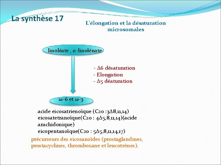 La synthèse 17 L’élongation et la désaturation microsomales linoléate , α-linolénate - Δ 6