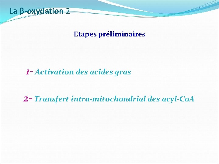 La β-oxydation 2 Etapes préliminaires 1 - Activation des acides gras 2 - Transfert