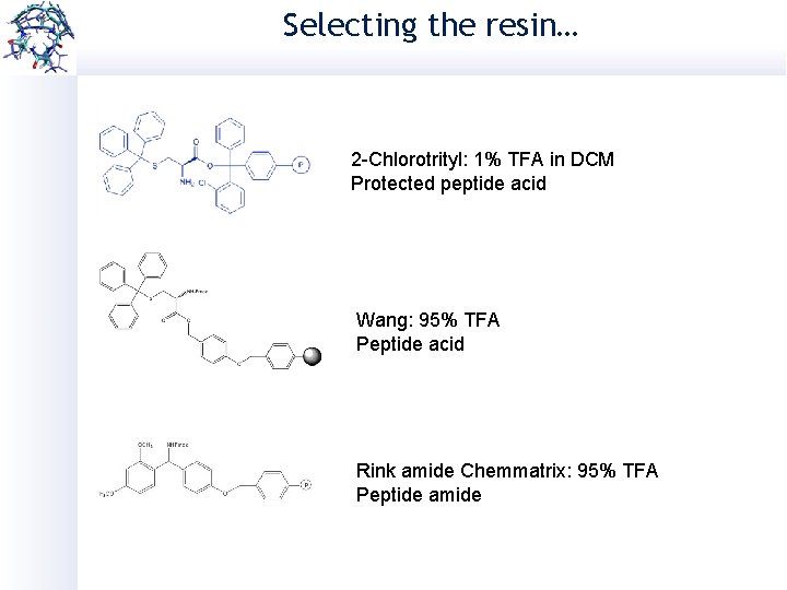 Selecting the resin… 2 -Chlorotrityl: 1% TFA in DCM Protected peptide acid Wang: 95%
