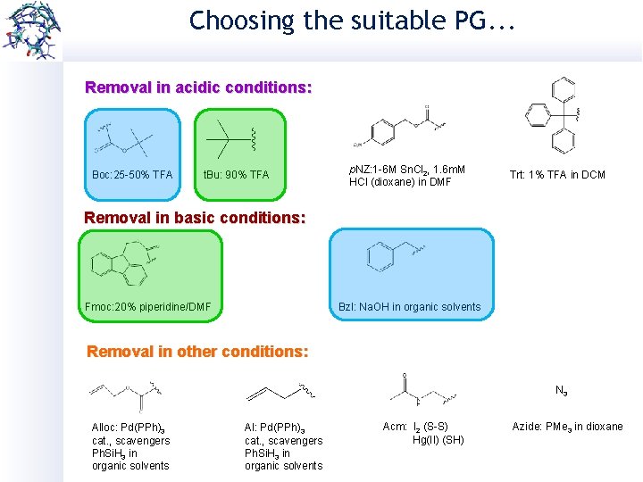 Choosing the suitable PG. . . Removal in acidic conditions: Boc: 25 -50% TFA