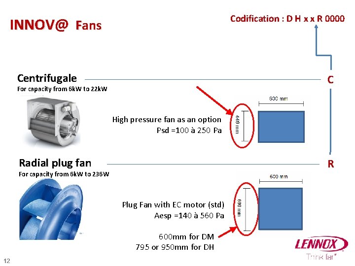Codification : D H x x R 0000 INNOV@ Fans Centrifugale C For capacity