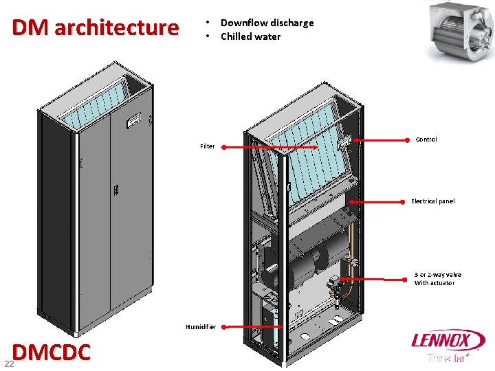 DM architecture • Downflow discharge • Chilled water Filter Control Electrical panel 3 or
