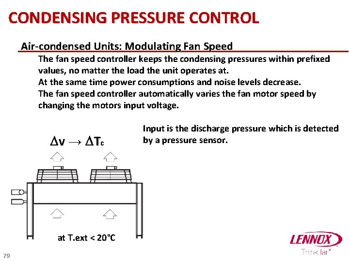 CONDENSING PRESSURE CONTROL Air-condensed Units: Modulating Fan Speed The fan speed controller keeps the