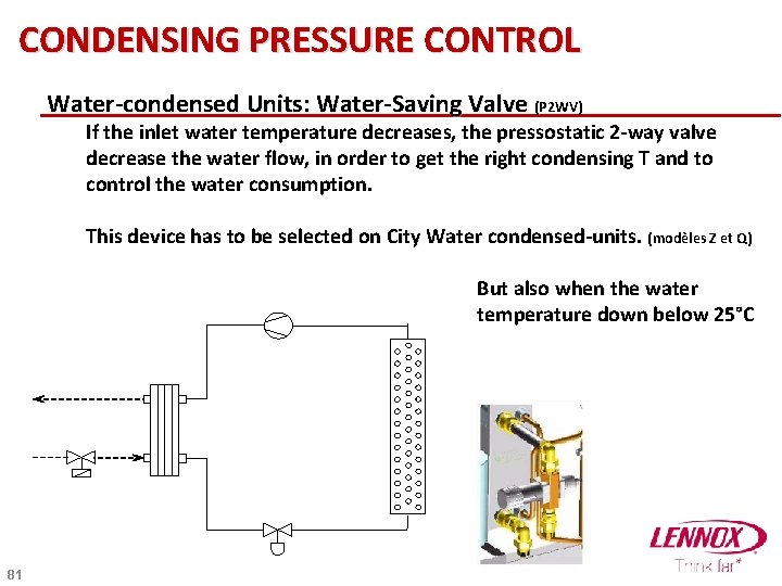 CONDENSING PRESSURE CONTROL Water-condensed Units: Water-Saving Valve (P 2 WV) If the inlet water