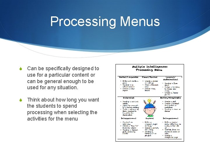 Processing Menus S Can be specifically designed to use for a particular content or