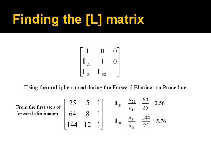 Finding the [L] matrix Using the multipliers used during the Forward Elimination Procedure From