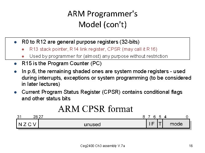 ARM Programmer's Model (con't) l R 0 to R 12 are general purpose registers ARM Programmer's Model (con't) l R 0 to R 12 are general purpose registers