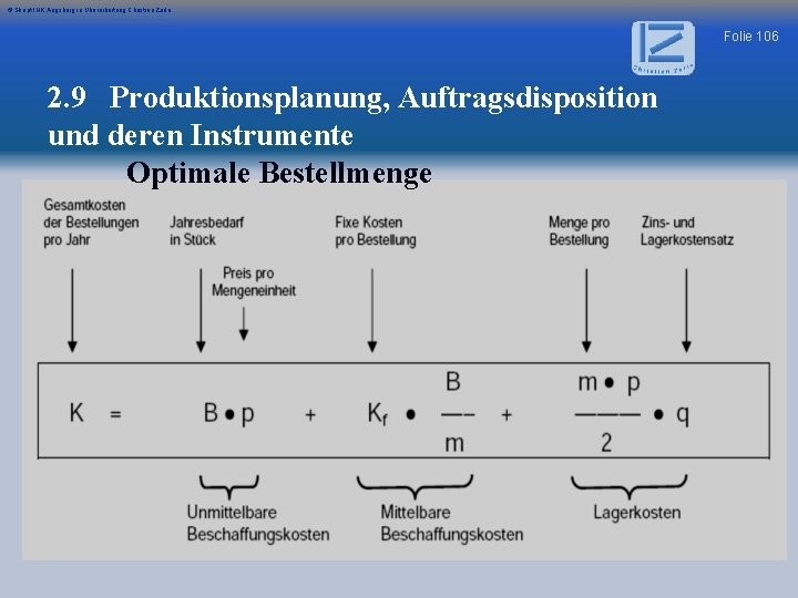 © Skript IHK Augsburg in Überarbeitung Christian Zerle Folie 106 2. 9 Produktionsplanung, Auftragsdisposition