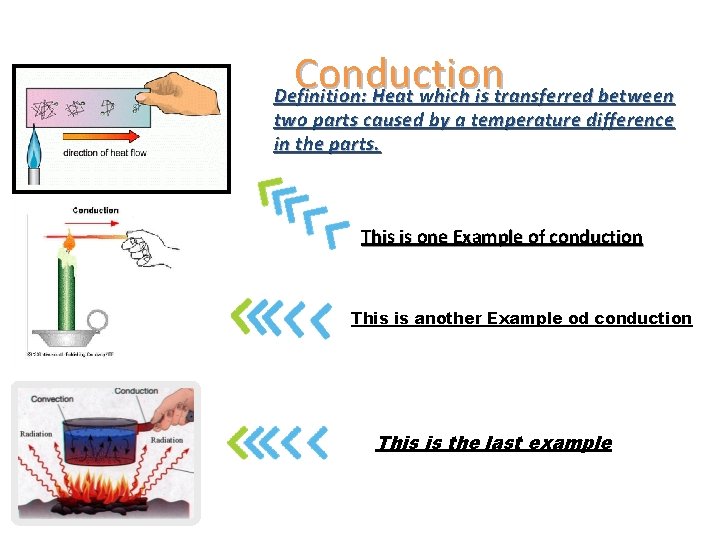 Conduction Definition: Heat which is transferred between two parts caused by a temperature difference