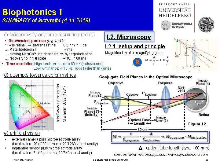 Biophotonics I SUMMARY of lecture#4 (4. 11. 2019) Kirchhoff-Institut für Physik c) biochemistry and