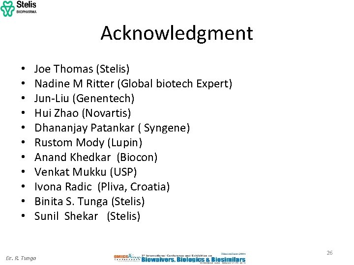 Acknowledgment • • • Joe Thomas (Stelis) Nadine M Ritter (Global biotech Expert) Jun-Liu