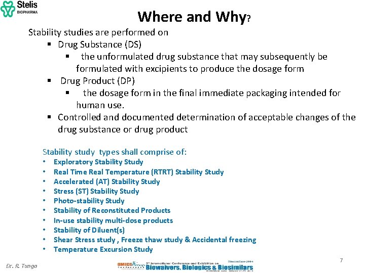 Where and Why? Stability studies are performed on § Drug Substance (DS) § the