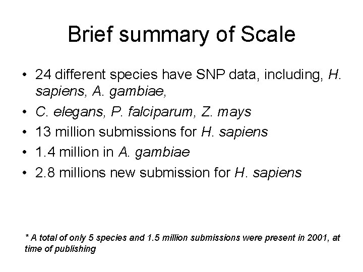 Brief summary of Scale • 24 different species have SNP data, including, H. sapiens,