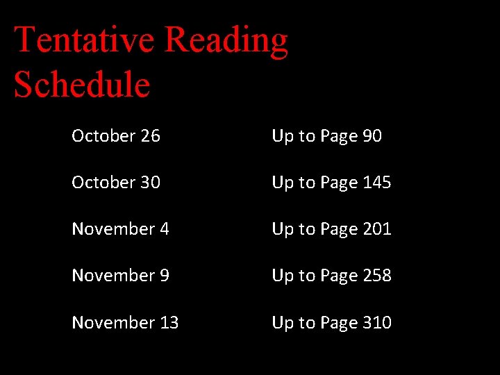 Tentative Reading Schedule October 26 Up to Page 90 October 30 Up to Page