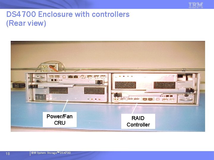 DS 4700 Enclosure with controllers (Rear view) Power/Fan CRU 18 IBM System Storage. TM