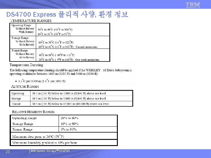 DS 4700 Express 물리적 사양, 환경 정보 23 IBM System Storage. TM DS 4700