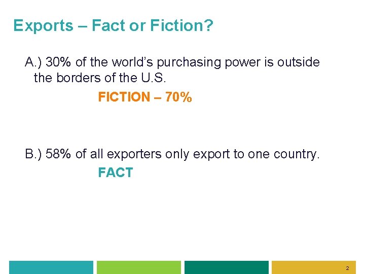 Exports – Fact or Fiction? A. ) 30% of the world’s purchasing power is