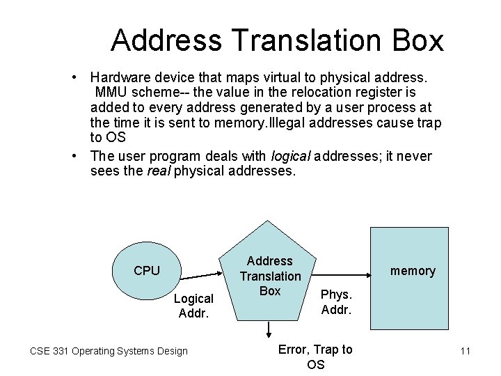 Address Translation Box • Hardware device that maps virtual to physical address. MMU scheme-- Address Translation Box • Hardware device that maps virtual to physical address. MMU scheme--