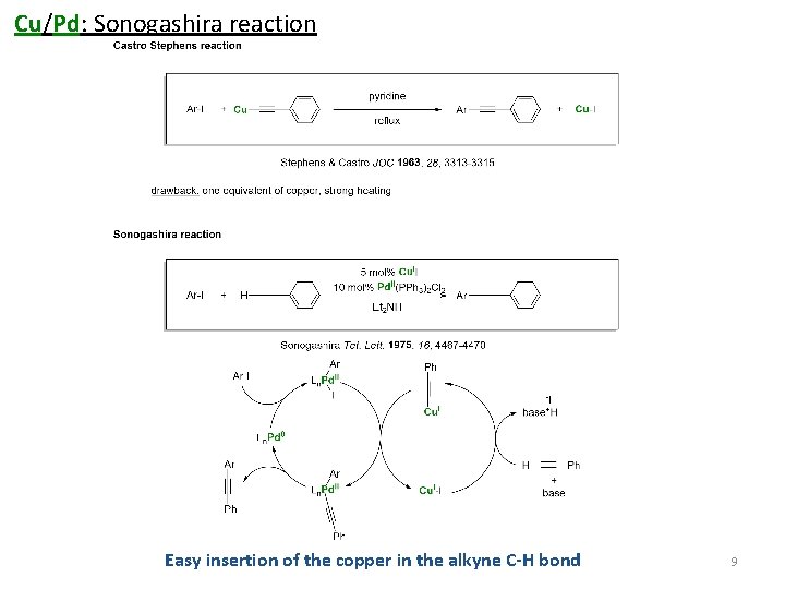 Cu/Pd: Sonogashira reaction Easy insertion of the copper in the alkyne C-H bond 9