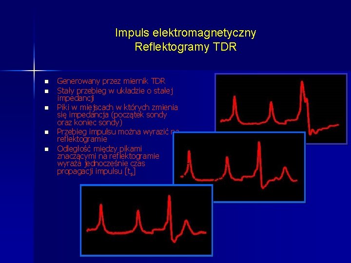 Impuls elektromagnetyczny Reflektogramy TDR n n n Generowany przez miernik TDR Stały przebieg w