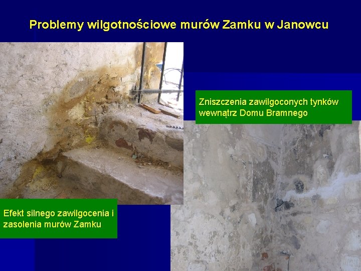 Problemy wilgotnościowe murów Zamku w Janowcu Zniszczenia zawilgoconych tynków wewnątrz Domu Bramnego Efekt silnego