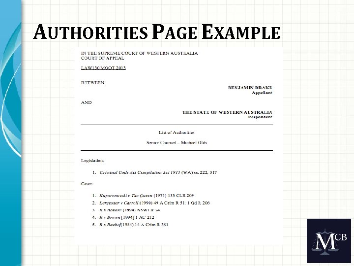 AUTHORITIES PAGE EXAMPLE 