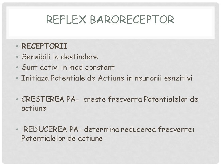 REFLEX BARORECEPTOR • • RECEPTORII Sensibili la destindere Sunt activi in mod constant Initiaza