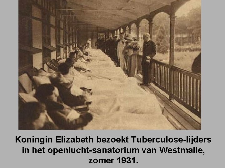 Koningin Elizabeth bezoekt Tuberculose-lijders in het openlucht-sanatorium van Westmalle, zomer 1931. 