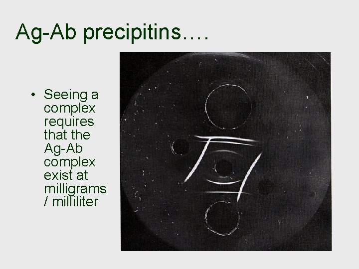 Ag-Ab precipitins…. • Seeing a complex requires that the Ag-Ab complex exist at milligrams