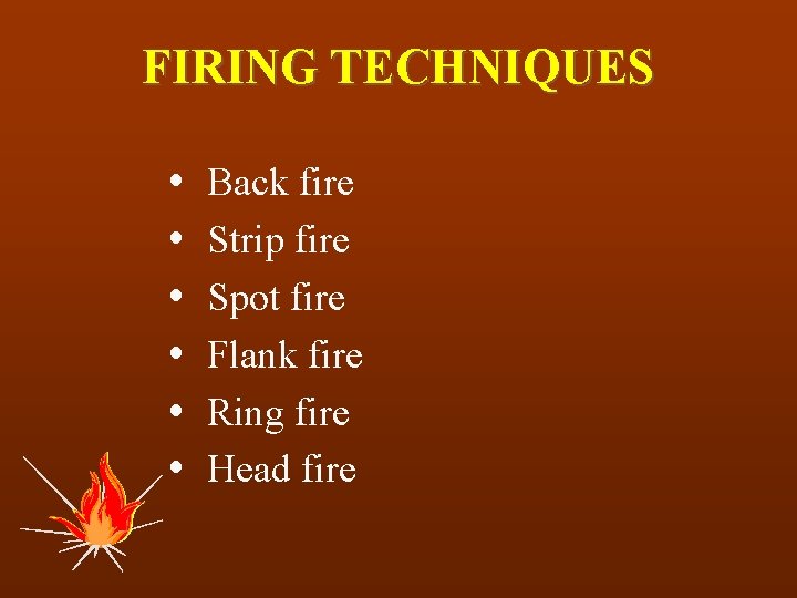 FIRING TECHNIQUES Back fire Strip fire Spot fire Flank fire Ring fire Head fire