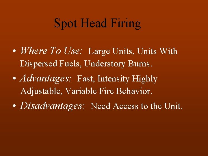 Spot Head Firing • Where To Use: Large Units, Units With Dispersed Fuels, Understory