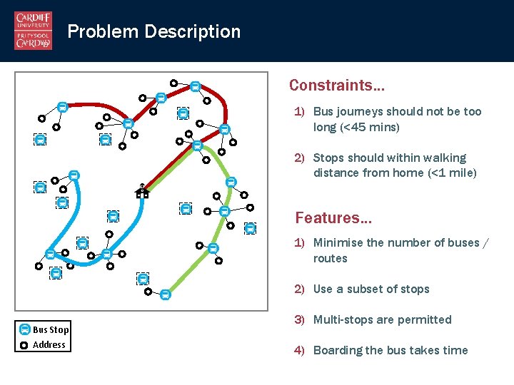 Problem Description Constraints… 1) Bus journeys should not be too long (<45 mins) 2)