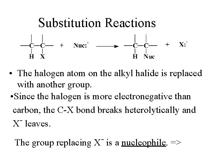 Substitution Reactions • The halogen atom on the alkyl halide is replaced with another