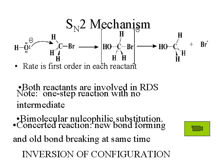 SN 2 Mechanism • Rate is first order in each reactant • Both reactants