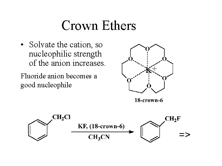 Crown Ethers • Solvate the cation, so nucleophilic strength of the anion increases. Fluoride