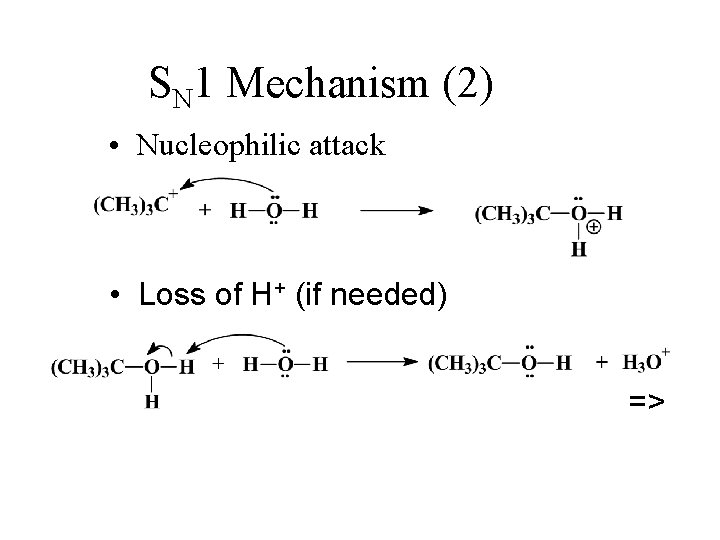 SN 1 Mechanism (2) • Nucleophilic attack • Loss of H+ (if needed) =>