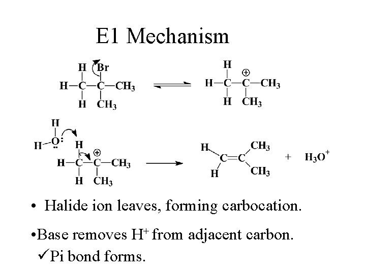 E 1 Mechanism • Halide ion leaves, forming carbocation. • Base removes H+ from