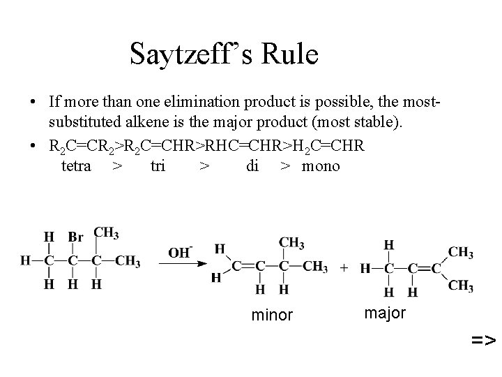 Saytzeff’s Rule • If more than one elimination product is possible, the mostsubstituted alkene