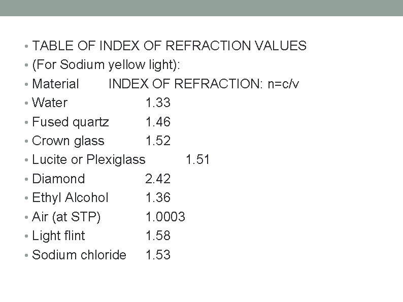  • TABLE OF INDEX OF REFRACTION VALUES • (For Sodium yellow light): •