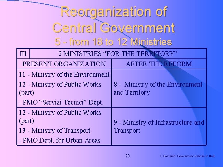 Reorganization of Central Government 5 - from 18 to 12 Ministries III 2 MINISTRIES