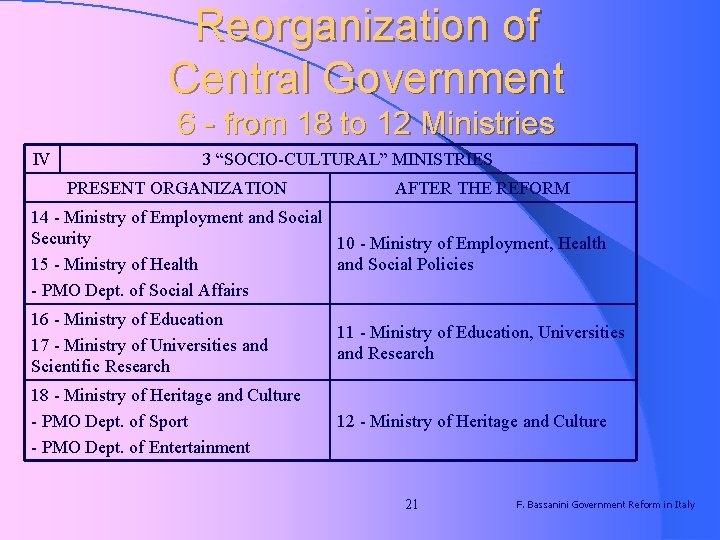 Reorganization of Central Government 6 - from 18 to 12 Ministries IV 3 “SOCIO-CULTURAL”