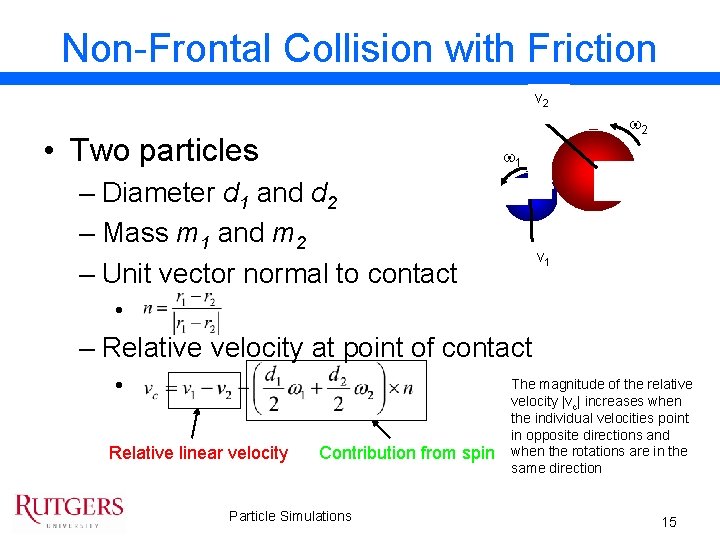 Non-Frontal Collision with Friction v 2 w 2 • Two particles w 1 –