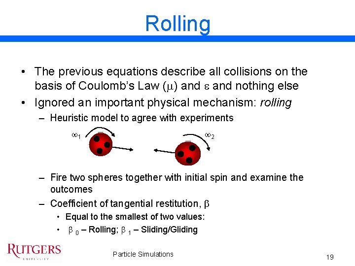 Rolling • The previous equations describe all collisions on the basis of Coulomb’s Law