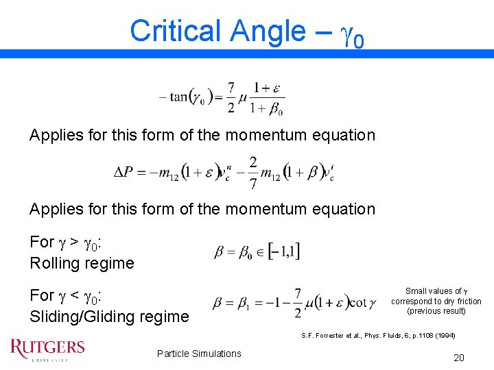 Critical Angle – g 0 Applies for this form of the momentum equation For