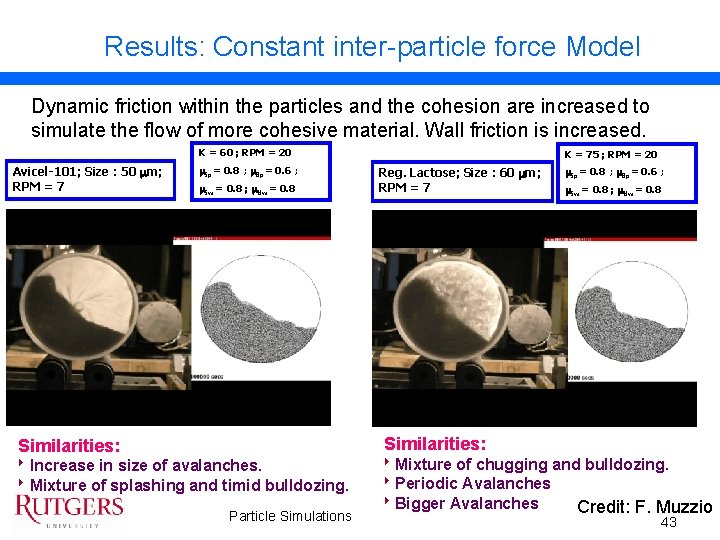Results: Constant inter-particle force Model Dynamic friction within the particles and the cohesion are