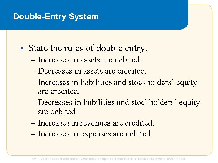 Double-Entry System • State the rules of double entry. – Increases in assets are